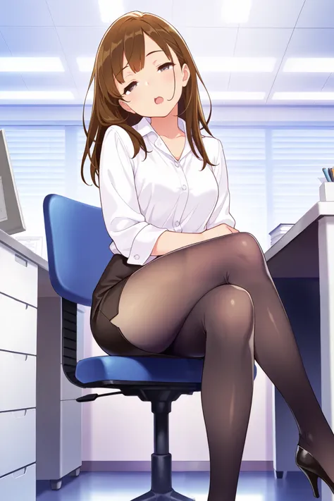 masterpiece, best quality, 1girl, {sleepy:3.0}, {tights:4.0}, {crossed eyes:0.1}, long hair, brown hair, pencil skirt, dress shirt, black legwear, open mouth,official art, head tilt, high heels, official art, anime, office, sitting, crossed legs, thick leg...