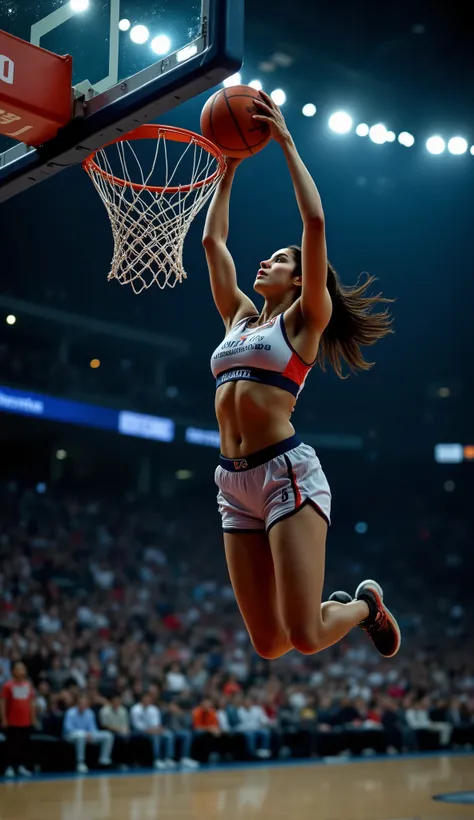 high quality realistic raw photo taken with telephoto lens, of a hindu basketball player, a woman, is slam dunking the ball into the basket ball hoop. She is high in air. She is grabbing the ring with the right hand and dunking the basketball with the othe...