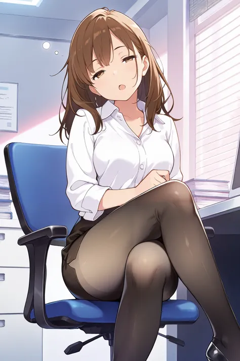 masterpiece, best quality, 1girl, {sleepy:3.0}, {tights:4.0}, {crossed eyes:0.1}, long hair, brown hair, pencil skirt, dress shirt, black legwear, open mouth,official art, head tilt, high heels, official art, anime, office, sitting, crossed legs, opaque ti...