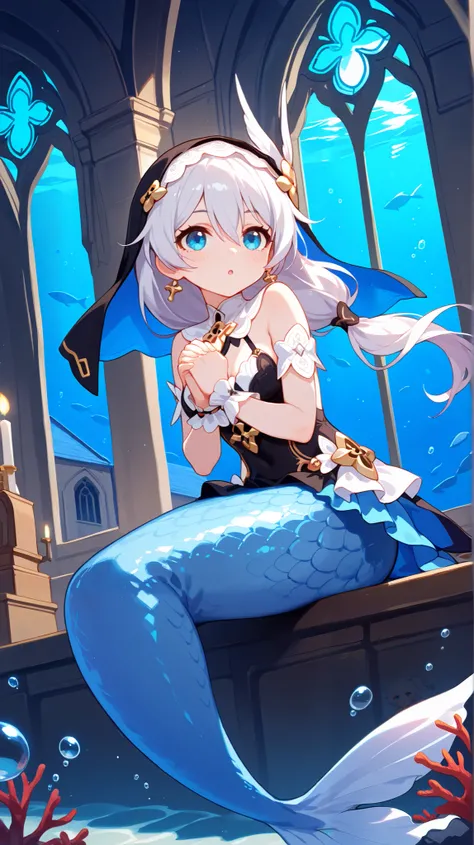 8K, best quality, theresa apocalypse (honkai impact 3rd),honkai impact 3rd, ((mermaid, white scales)), valkyrie pledge, 1girl, :o, bare shoulders, blue eyes, blush, breasts, dress, nun, nun outfit, side ponytail, female focus, hair between eyes, looking at...