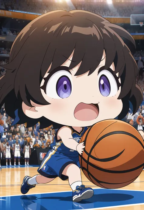 NBA, basketball game scene, cute chibi character the same size as the ball, running and dribbling the ball, anime style illustration, (motion blur, action blur:0.5), ultra detailed, absolutely resolution, masterpiece