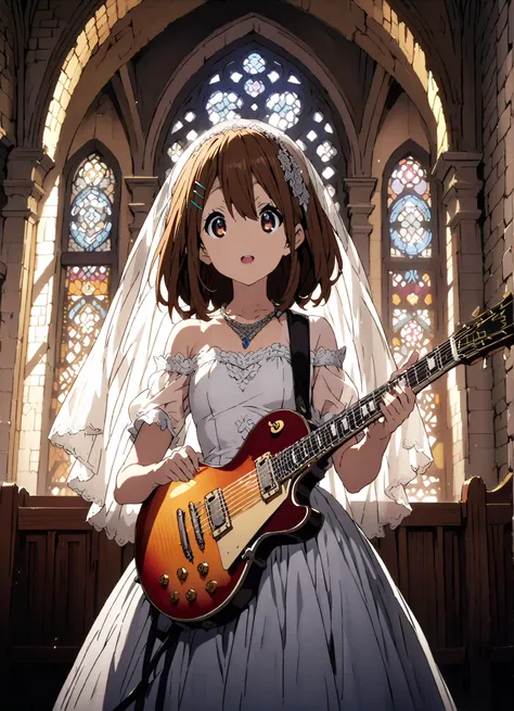 Plane, Plane, brown eyes, brown hair, hair ornament, hair clips, medium hair,Veil,necklace,Off Shoulder Wedding Dress,Short sleeve,guitar( Gibson Les Paul) , Instrument playing, Stage Performance ,Sing in front of the microphone, Play in front of the micr...
