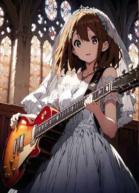 Plane, Plane, brown eyes, brown hair, hair ornament, hair clips, medium hair,Veil,necklace,Off Shoulder Wedding Dress,Short sleeve,guitar( Gibson Les Paul) , Instrument playing, Stage Performance ,Sing in front of the microphone, Play in front of the micr...