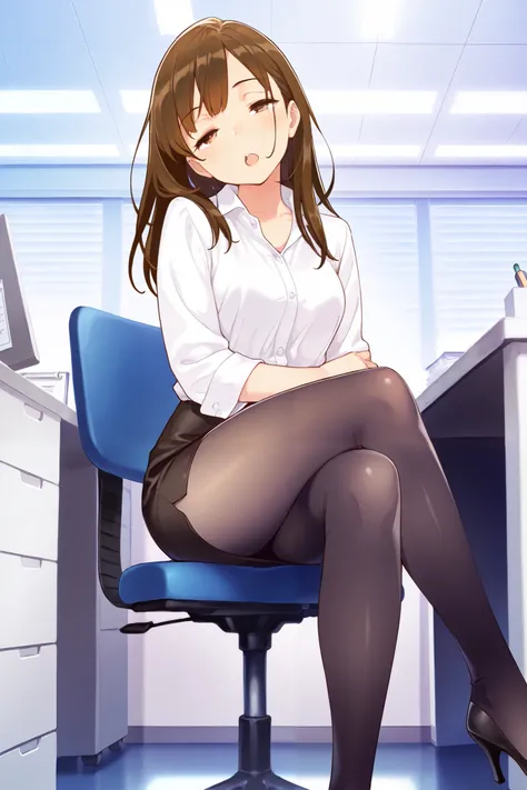 masterpiece, best quality, 1girl, {sleepy:3.0}, {tights:4.0}, {crossed eyes:0.1}, long hair, brown hair, pencil skirt, dress shirt, black legwear, open mouth,official art, head tilt, high heels, official art, anime, office, sitting, crossed legs, sleep bub...