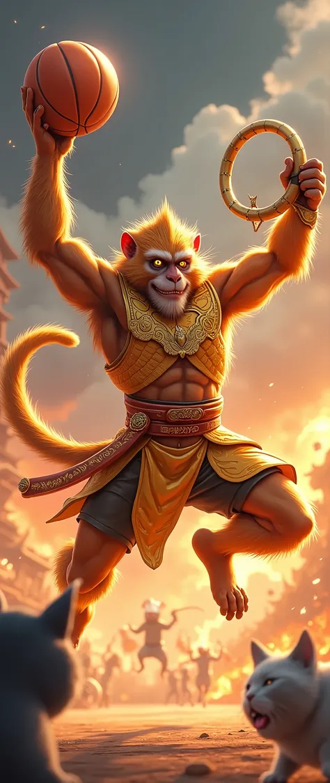 Anthropomorphic male monkey man with golden hoop stick in his hand, bo staff, Sun Wukong, Wukong, fighting Buddha,Hybrid cat human are playing basketball, team orange cat vs team grey tabby cat. One of the orange cat leap mid-air doing slam dunk, while tea...
