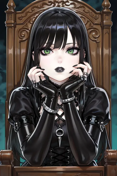 masterpiece, best quality, amazing quality, newest, very aesthetic, 1girl,Image is a digital illustration featuring a gothic style portrait of a woman seated on an ornate, wooden throne-like chair with intricate carvings. The subject has pale skin and long...
