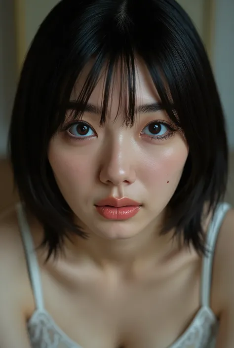 (( BEST QUALITY )), ((masterpiece)), ( details), first-person view ,1 Girl, sexy,( Bringing Your Face Closer ),((mouth wide open )),((Big Breasts, underwear, short bob hair)), black hair , (( without makeup, Small eyes))