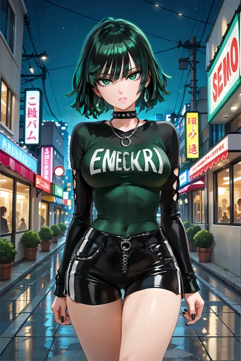 masterpiece, best quality, amazing quality, newest, very aesthetic, 1girl, fubuki \(one punch man\),emo outfit,walking toward the viewer,night street background