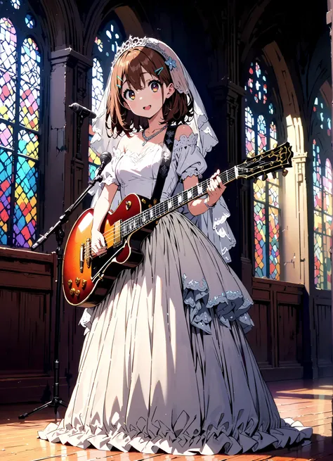Plane, Plane, brown eyes, brown hair, hair ornament, hair clips,  medium hair,Veil,necklace,Off Shoulder Wedding Dress,Short sleeve,guitar( Gibson Les Paul) , Instrument playing, Stage Performance ,Sing in front of the microphone, Play in front of the micr...