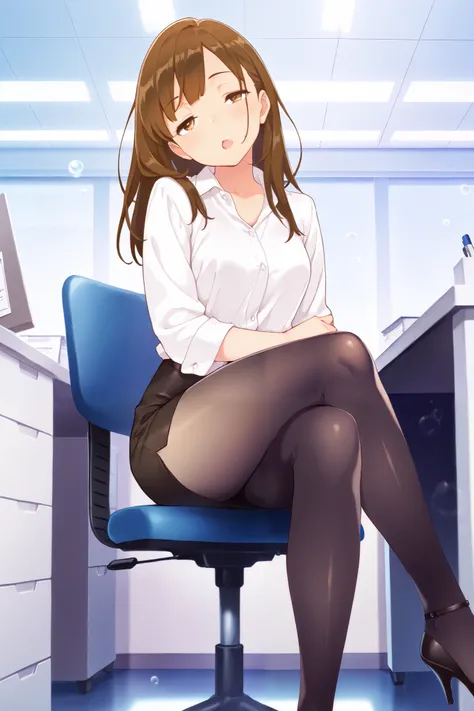 masterpiece, best quality, 1girl, {sleepy:3.0}, {tights:4.0}, {crossed eyes:0.1}, long hair, brown hair, pencil skirt, dress shirt, black legwear, open mouth,official art, head tilt, high heels, official art, anime, office, sitting, crossed legs, bubbles, ...