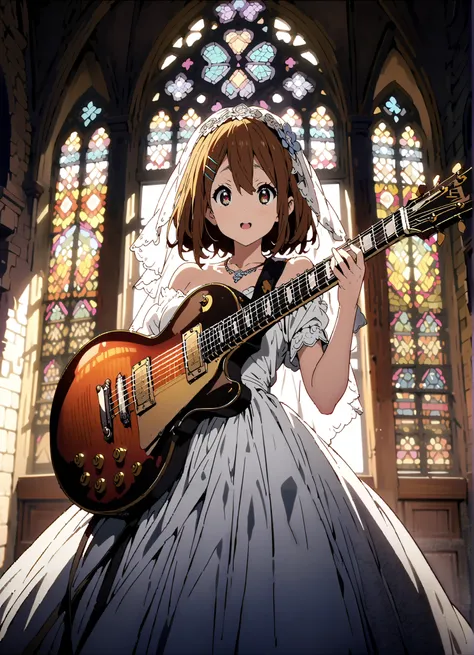 Plane, Plane, brown eyes, brown hair, hair clips, medium hair,Veil,necklace,Off Shoulder Wedding Dress,Short sleeve,guitar( Gibson Les Paul) , Instrument playing, Stage Performance ,Sing in front of the microphone, Play in front of the microphone,is stand...