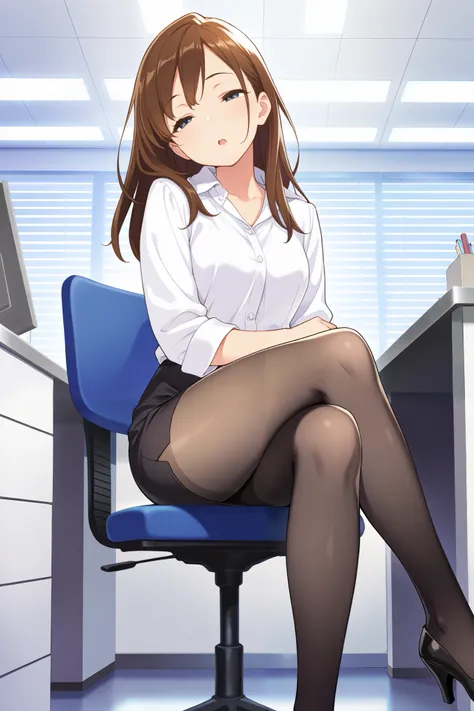 masterpiece, best quality, 1girl, {sleepy:3.0}, {tights:4.0}, {crossed eyes:0.1}, long hair, brown hair, pencil skirt, dress shirt, black pantyhose, open mouth,official art, head tilt, high heels, official art, anime, office, sitting, crossed legs