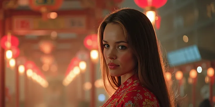 A photorealistic image of a young European woman of about 20 years old, with long, dark and silky hair, curvy and seductive, wearing a typical costume from one of the Asian countries, colorful and with beautiful prints. The light is ethereal, warm and give...