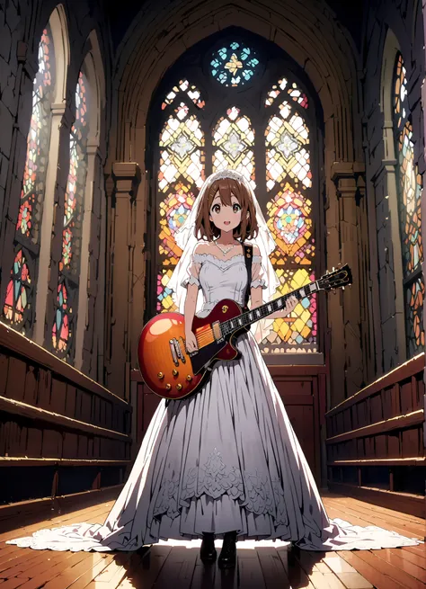 Plane, Plane, brown eyes, brown hair, Yellow Hair Clip , medium hair,Veil,necklace,Off Shoulder Wedding Dress,Short sleeve,guitar( Gibson Les Paul) , Instrument playing, Stage Performance ,Sing in front of the microphone, Play in front of the microphone,i...