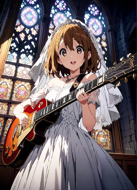 Plane, Plane, brown eyes, brown hair, Yellow Hair Clip , medium hair,Veil,necklace,Off Shoulder Wedding Dress,Short sleeve,guitar( Gibson Les Paul) , Instrument playing, Stage Performance ,Sing in front of the microphone, Play in front of the microphone,i...