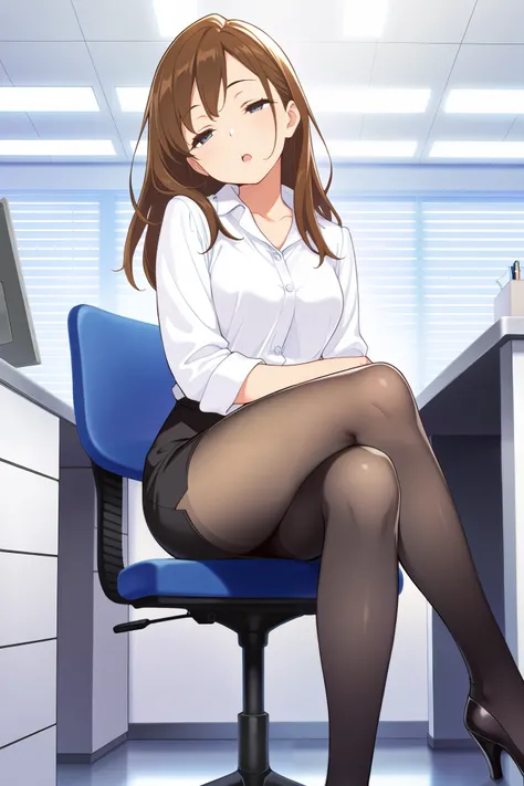 masterpiece, best quality, 1girl, {sleepy:3.0}, {tights:4.0}, {crossed eyes:0.1}, long hair, brown hair, pencil skirt, dress shirt, black pantyhose, open mouth,official art, head tilt, high heels, official art, anime, office, sitting, crossed legs
