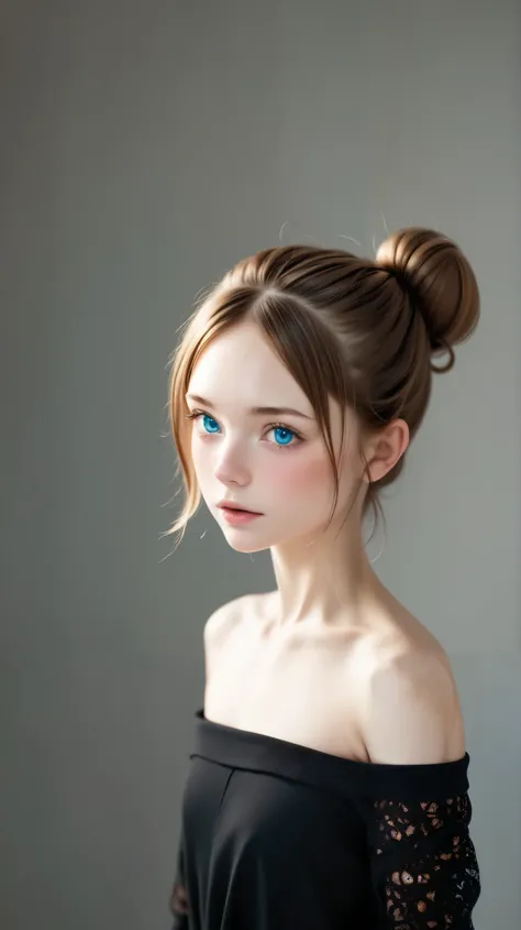 Tight Black Tops :1.2, viewers, movie lights, perfection, , Hi-Res Skin for Posing:1.2, realistic skin texture with a palette wrapped around the waist, s、small face、no makeup、, Off Shoulder,B cup、Small chest, blue eyes, bun hair, dark brown hair、full nud...