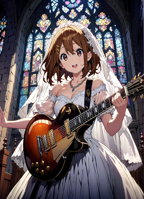Plane, Plane, brown eyes, brown hair, Yellow Hair Clip , medium hair,Veil,necklace,Off Shoulder Wedding Dress,Short sleeve,guitar( Gibson Les Paul) , Instrument playing, Stage Performance ,Sing in front of the microphone, Play in front of the microphone,i...