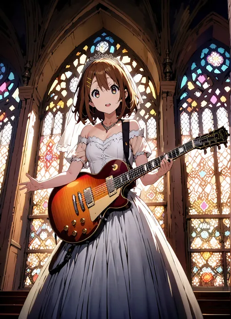 Plane, Plane, brown eyes, brown hair, Yellow Hair Clip , medium hair,Veil,necklace,Off Shoulder Wedding Dress,Short sleeve,guitar( Gibson Les Paul) , Instrument playing, Stage Performance ,Sing in front of the microphone, Play in front of the microphone,i...