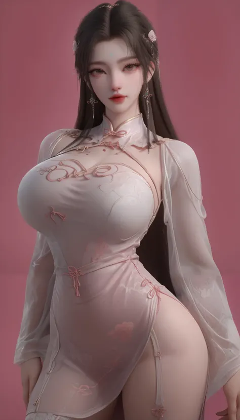 solo,long hair,brown eyes,black hair,garter belt,big breasts,round breasts,1 girl,heterosexual,focus on women,close up,concept art,pink cheongsam,short cheongsam,see-through cheongsam,pale skin,beautiful face,white skin,simple background,pink background,bi...