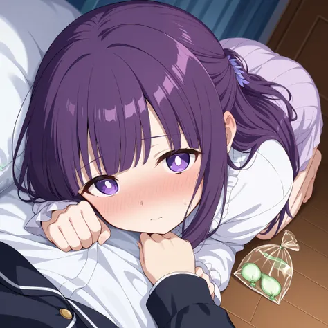 fern, long hair, bangs, purple eyes, purple hair, bright pupils, half updo、unkown clothes、bagged underwear、 touches chest、big  on the floor、bedroom、lie down on the bed、used condom that fell to the floor、Nose blush、long sleeves