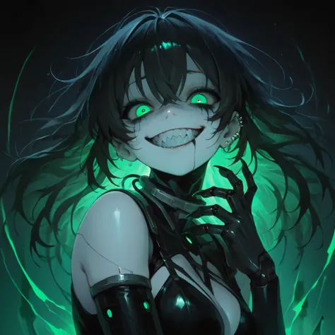 (ultra detailed), (masterpiece), (best quality), (depth of field), (sharp focus), (cinematic lighting), (vibrant green), 1, crazy smile, fangs, (silver teeth), deep eyes, single cyborg eye, futuristic cyberpunk style, sexy image, raver girl, (pale skinned)...