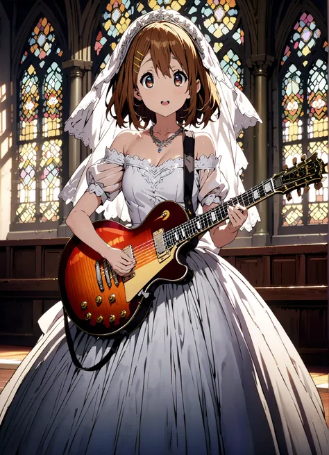Plane, Plane, brown eyes, brown hair, Yellow Hair Clip , medium hair,Veil,necklace,Off Shoulder Wedding Dress,Short sleeve,guitar( Gibson Les Paul) , Instrument playing, Stage Performance ,Sing in front of the microphone, Play in front of the microphone,i...