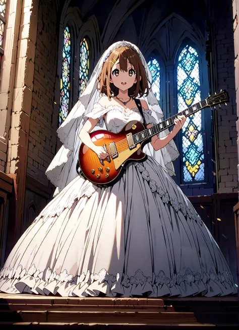 Plane, Plane, brown eyes, brown hair, Yellow Hair Clip , medium hair,Veil,necklace,Off Shoulder Wedding Dress,Short sleeve,guitar( Gibson Les Paul) , Instrument playing, Stage Performance ,Sing in front of the microphone, Play in front of the microphone,i...