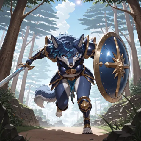 (masterpiece, best quality, amazing quality, very aesthetic, high resolution, ultra-detailed, absurdres:1.25), close shot, newest, scenery, furry, anthro, female, (solo, 1 ultramarine blue wolf anthro:1.25), (long muzzle:0.75), (ultramarine blue eyes), sho...