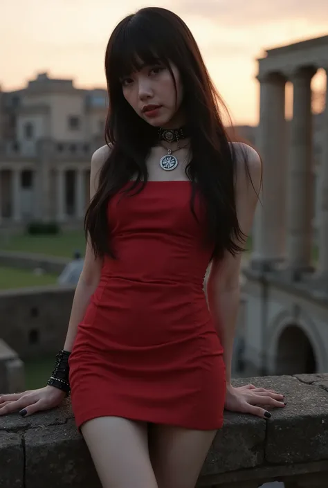 Create a stunning portrait of a beautiful Japanese female singer. She has a slender body, small bust, and thin legs, with long hair and bangs. She's wearing a red Gothic-style mini dress and Gothic makeup. The background features ancient Roman ruins, set d...