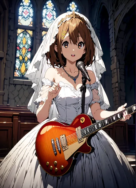 Plane, Plane, brown eyes, brown hair, Yellow Hair Clip , medium hair,Veil,necklace,Off Shoulder Wedding Dress,Short sleeve,guitar( Gibson Les Paul) , Instrument playing, Stage Performance ,Sing in front of the microphone, Play in front of the microphone,i...