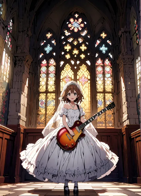 Plane, Plane, brown eyes, brown hair, Yellow Hair Clip , medium hair,Veil,necklace,Off Shoulder Wedding Dress,Short sleeve,guitar( Gibson Les Paul) , Instrument playing, Stage Performance ,Sing in front of the microphone, Play in front of the microphone,i...