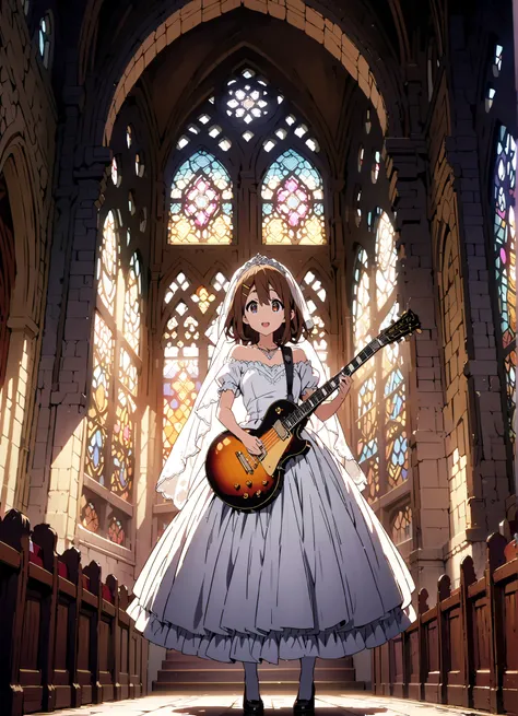 Plane, Plane, brown eyes, brown hair, Yellow Hair Clip , medium hair,Veil,necklace,Off Shoulder Wedding Dress,Short sleeve,guitar( Gibson Les Paul) , Instrument playing, Stage Performance ,Sing in front of the microphone, Play in front of the microphone,i...