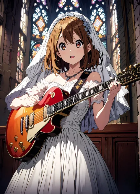 Plane, Plane, brown eyes, brown hair, Yellow Hair Clip , medium hair,Veil,necklace,Off Shoulder Wedding Dress,Short sleeve,guitar( Gibson Les Paul) , Instrument playing, Stage Performance ,Sing in front of the microphone, Play in front of the microphone,i...