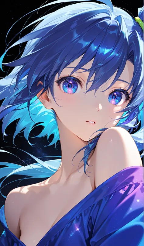 (( 1 girl)), symphogia、Kazanari Tsubasa 、Toyoaki Yoshi 、Black background,colorful, loose clothes,face close up, "Intricate Iris Details", "Captivating Eye Reflections",from the side,Beautiful eyes, vibrant, Shining Contours ,neon,green、official art、viewer...