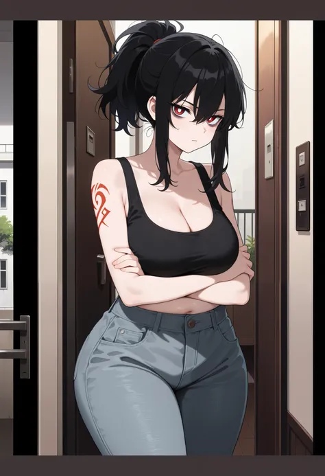 masterpiece, best quality, amazing quality, colorful, safe, cowboy shot, 1girl, mature female, crossed arms, looking at viewer, serious, black hair, short hair, [messy hair], ponytail, bangs, red eyes, white pupils, detailed eyes, [bags under eyes], arm ta...