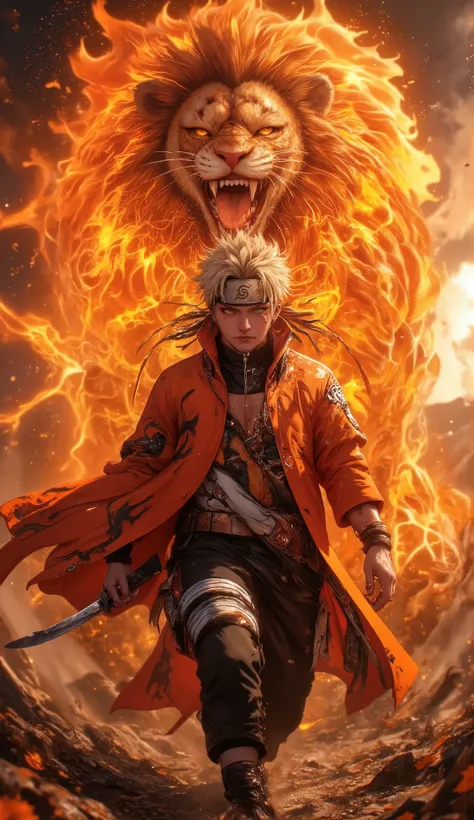 **Prompt:**  

*"A hyper-realistic, 8K ultra HD portrait of a **Leo zodiac Naruto warrior** on a fierce mission, embodying the fiery spirit of a lion. Clad in a customized **flame-patterned shinobi outfit** with Uzumaki-inspired orange and black accents, t...