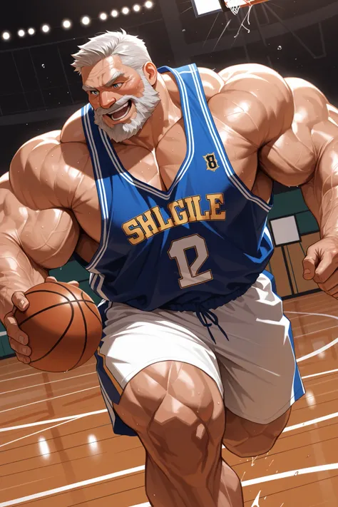 solo, huge muscular old man, happy, side chest, Stand slightly sideways, side angel, shirtless, very huge pectoral, shorts, basketball, running, playing basketball, dribble ball, jersey, basketball fields, playing basketball, detailed face:1.3, eyes, wide ...