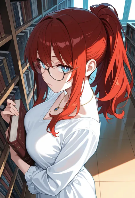 masterpiece, best quality, amazing quality, safe, from above, from side, 1girl, aged up, parted lips, looking at viewer, holding book, long hair, red hair, ponytail, blue gradient eyes, white pupils, freckles, glasses, necklace, white dress, indoors, libra...