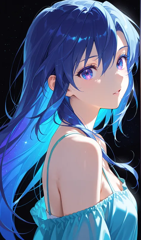 (( 1 girl)), symphogia、Kazanari Tsubasa 、Toyoaki Yoshi 、Black background,colorful, loose clothes, "Intricate Iris Details", "Captivating Eye Reflections",from the side,Beautiful eyes, vibrant, Shining Contours ,neon,green、official art、viewer, masterpiece,...
