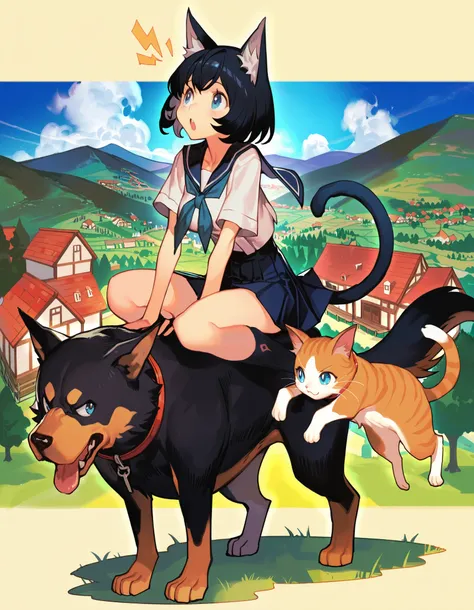 masterpiece, best quality, (hungry clicker:0.9), (ask \(askzy\):0.3),(popqn:0.4), 1girl, serafuku, riding a big dog, village,cat ears, cat tail, black hair, blue eyes, dog,animal