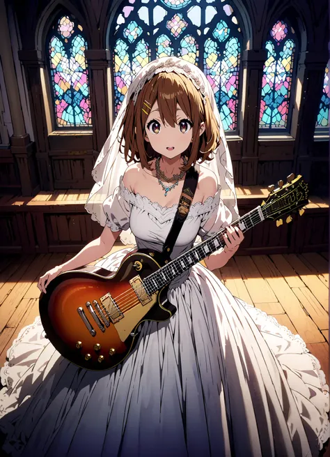 Plane, Plane, brown eyes, brown hair, Yellow Hair Clip , medium hair,Veil,necklace,Off Shoulder Wedding Dress,Short sleeve,guitar( Gibson Les Paul) , Instrument playing, Stage Performance ,Sing in front of the microphone, Play in front of the microphone,i...