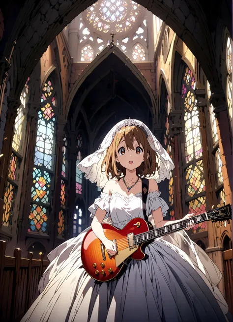 Plane, Plane, brown eyes, brown hair, Yellow Hair Clip , medium hair,Veil,necklace,Off Shoulder Wedding Dress,Short sleeve,guitar( Gibson Les Paul) , Instrument playing, Stage Performance ,Sing in front of the microphone, Play in front of the microphone,i...