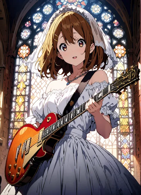 Plane, Plane, brown eyes, brown hair, Yellow Hair Clip , medium hair,Veil,necklace,Off Shoulder Wedding Dress,Short sleeve,guitar( Gibson Les Paul) , Instrument playing, Stage Performance ,Sing in front of the microphone, Play in front of the microphone,i...