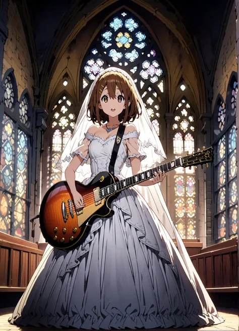 Plane, Plane, brown eyes, brown hair, Yellow Hair Clip , medium hair,Veil,necklace,Off Shoulder Wedding Dress,Short sleeve,guitar( Gibson Les Paul) , Instrument playing, Stage Performance ,Sing in front of the microphone, Play in front of the microphone,i...