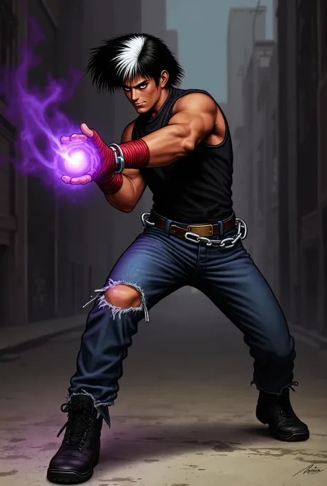 a young man, with black hair with white tips, dark skin, purple eyes, a black sleeveless tank top, jeans with ripped knees, black combat boots, hands bandaged with red bands and chains, with his hands with a purple flame, in a dirty, dark alley, throwing a...
