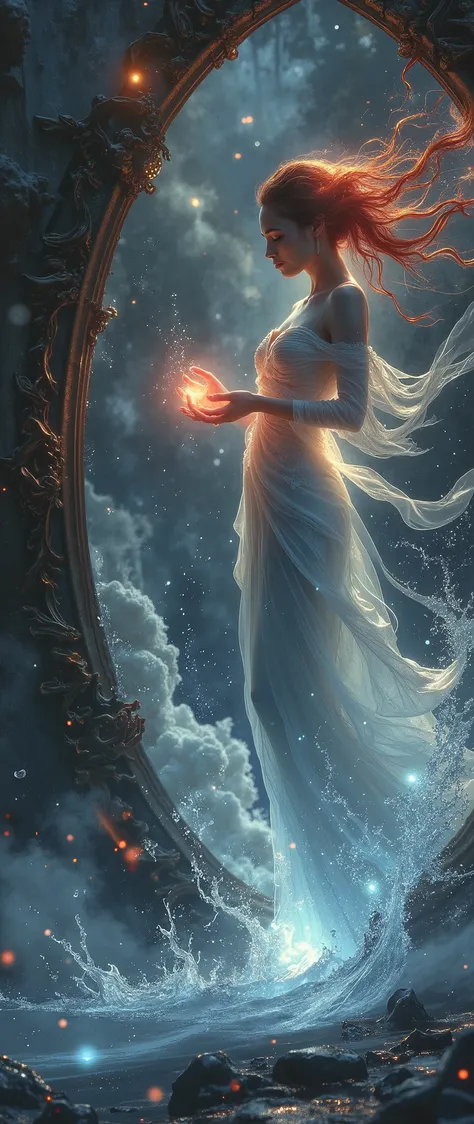 create a mirror in the world, dynamic pose, perfect fingers and hands, splashes of bright red vermillion, Mirror, mirror, a vision unfolds, A beautiful woman, her story told. Happy and bright, her gaze meets the lens, Eyes locked in the camera, as reality ...