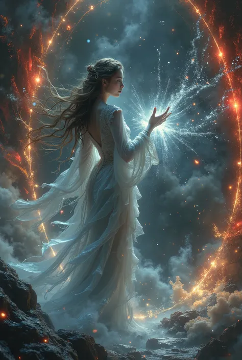 create a mirror in the world, dynamic pose, perfect fingers and hands, splashes of bright red vermillion, Mirror, mirror, a vision unfolds, A beautiful woman, her story told. Happy and bright, her gaze meets the lens, Eyes locked in the camera, as reality ...