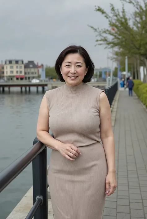 丰满The background of the 46-year-old 东北阿姨在初春的江边。Leaning on a riverside railing， the surface of the river ，House in the distance，Building， Living Area ，Shops，passing vehicles，pedestrian。full body portrait，Organic Photography、 best quality 、  masterpiece、。The...