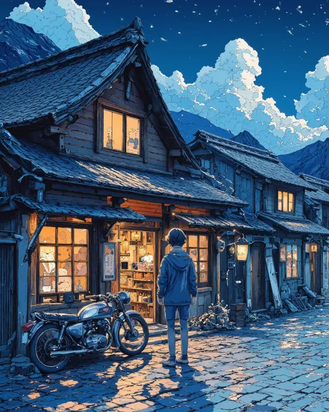 A young traveler standing outside a traditional wooden shop in a Japanese village at midnight, under a sky full of stars. A vintage Yamaha motorcycle parked beside, reflecting the cool moonlight. The shop glows warmly with dim lanterns, casting long shadow...